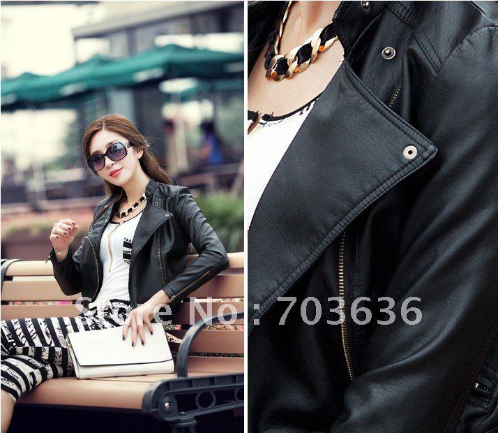 Free shopping Leather clothing wind slim short design small leather clothing women's stand collar motorcycle jacket 3k3004g6