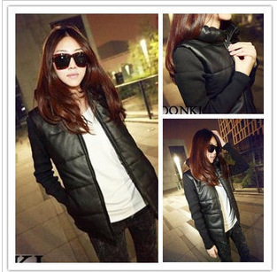 Free shopping Little bride 2012 fashion patchwork slim leather clothing cotton-padded jacket wadded jacket lovers w04