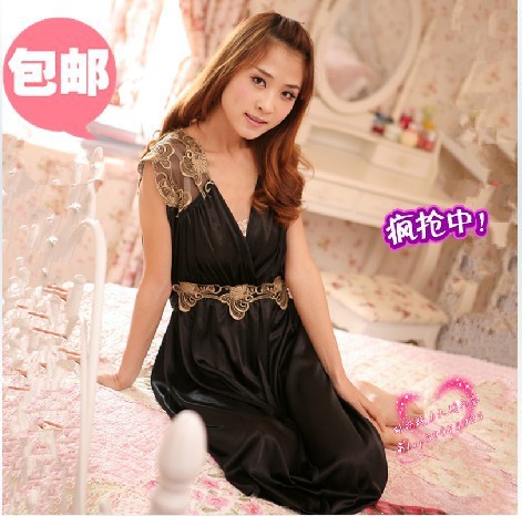 Free shopping lovely large size ice silk  pajamas sexy transparent nightgown female Black XXL