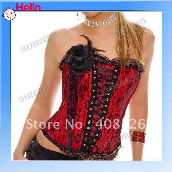 Free shopping Sexy Elegant Lingerie Lace up Corset Bustier + G-string in Satin many size Red 3191