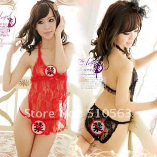 Free shopping sexy hang neck lace lovely female backless bellyband underwear transparent temptation nightgown