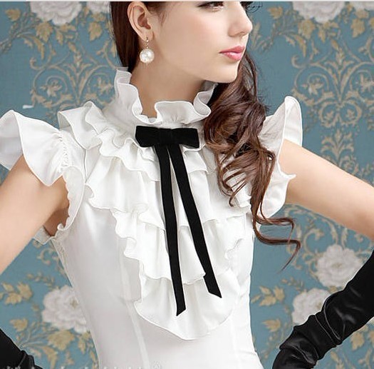 Free shopping Summer white multi-layer ruffle black bow butterfly sleeve women shirt,Blouses