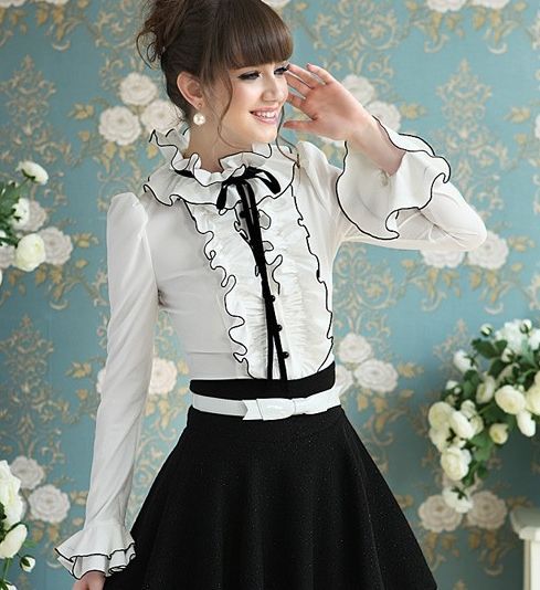 free shopping Wholesale-YY Flounced black satin bow bubble lace long-sleeved shirt Blouses