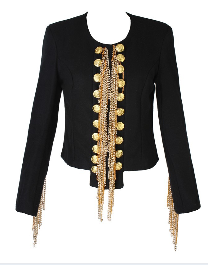 Free Shopping  womens black color luxury brand rock metal chain studded dress party jacket coats outwear  TB 2825