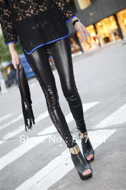 Free shpping 2013 spring fashion PU leather punk style Side lace leggings women B0023 B0024