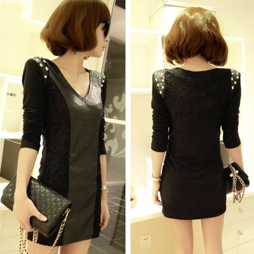 Free shpping Autumn and winter beading faux leather lace black sexy one-piece dress basic skirt dress