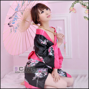 Free Shpping Female robe popular sexy temptation underwear nightgown print half sleeve faux silk sleepwear multiple set