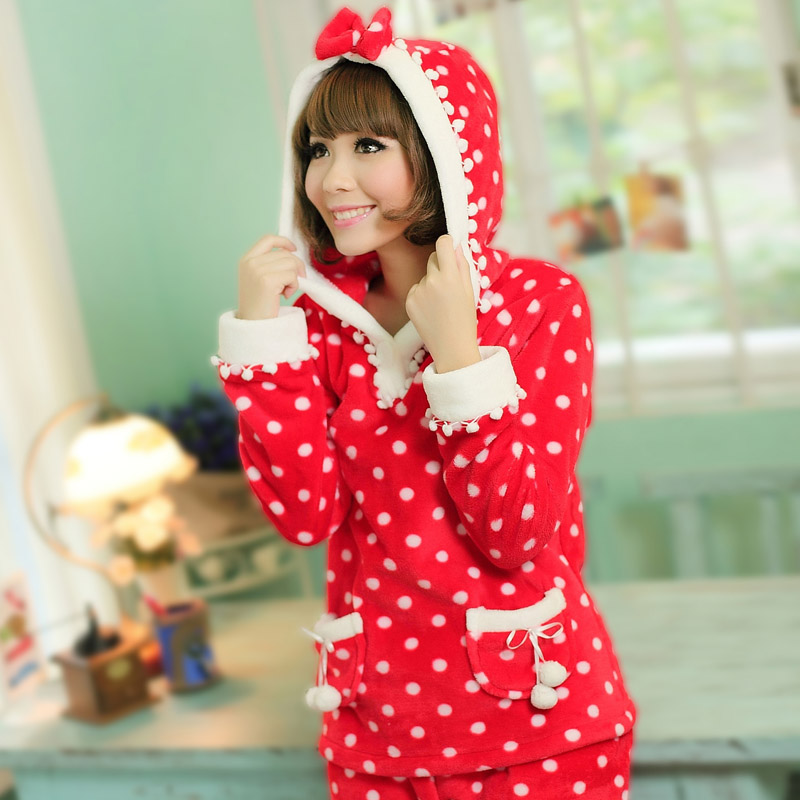 Free shpping! Sweet dot women's thick long-sleeve with a hood coral fleece sleepwear bow coral fleece home