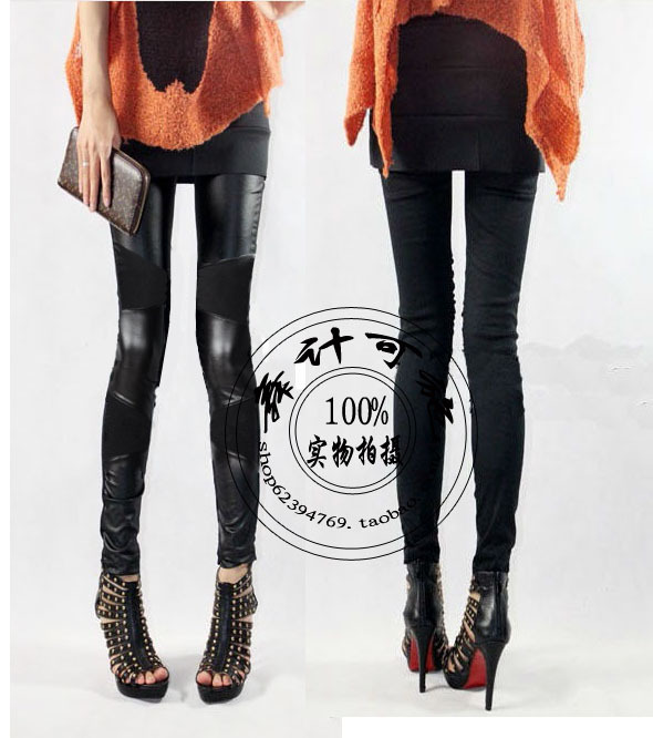 free sipping 2013 spring patchwork leather pants slim faux leather Women pencil pants trousers legging ankle length female