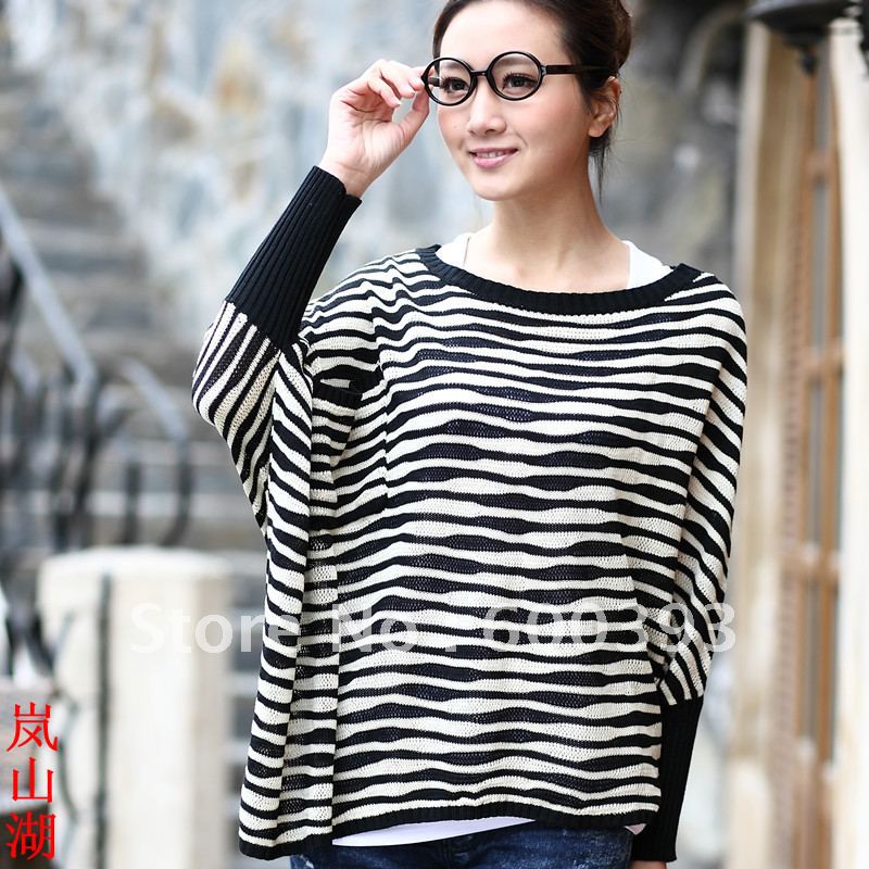 Free sjhipping 2012 autumn loose batwing sleeve medium-long stripe women's sweater basic shirt