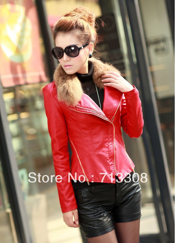 Free transport 2013 new washing PU leather women short coat fur collar Slim jacket