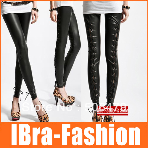 FreeShip 2013 New Sexy Punk Black faux leather gothic lace up Leggings women tights bandage cheap pantyhose pants trousers