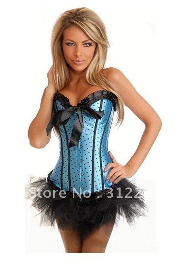 Freeship Fashion Mix Size S,M,L,XL With Small Dots Blue Sexy Corsets Bustiers With Skirt,High Qualtiy!