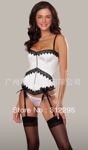 Freeship Mixed Sizes S,M,L,XL 5pcs/lot Popular Satin White Sexy Corsets With Thong