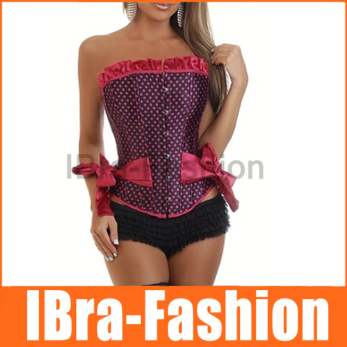 Freeship Sexy Womens Ruffle Trim strapless polka dot Corsets lace up overbust bowknot corset sexy lingerie fancy dress party