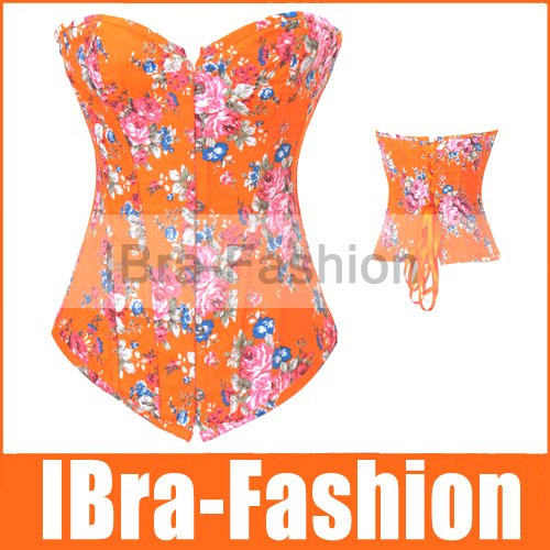 FREESHIP Wholesale Orange Strapless lace up overbust Floral Denim Corsets Bustier Slim Sexy Lingerie Fancy dress costume  S-XL