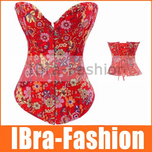 FREESHIP Wholesale Sexy Lingerie Red Floral Strapless lace up overbust Denim Corsets Bustier Slim Fancy dress costume  S-XL