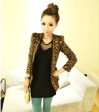 Freeshiping,Vintage Spring Autumn Women Leopard Jacket Slim Fit One Button Blazer With Shoulder Pad Suede Outwear S-L