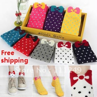 Freeshipping (10pieces/lot) Bow wave point of pure cotton socks dot lovely ladies socks boat socks socks