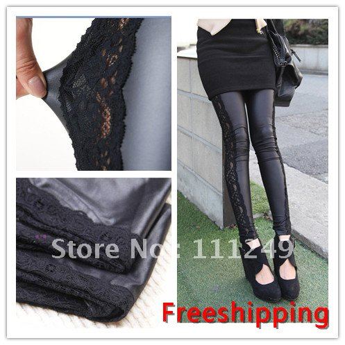 Freeshipping (1piece/lot) Autumn side lace stitching high elastic faux leather pants pants nine points Leggings