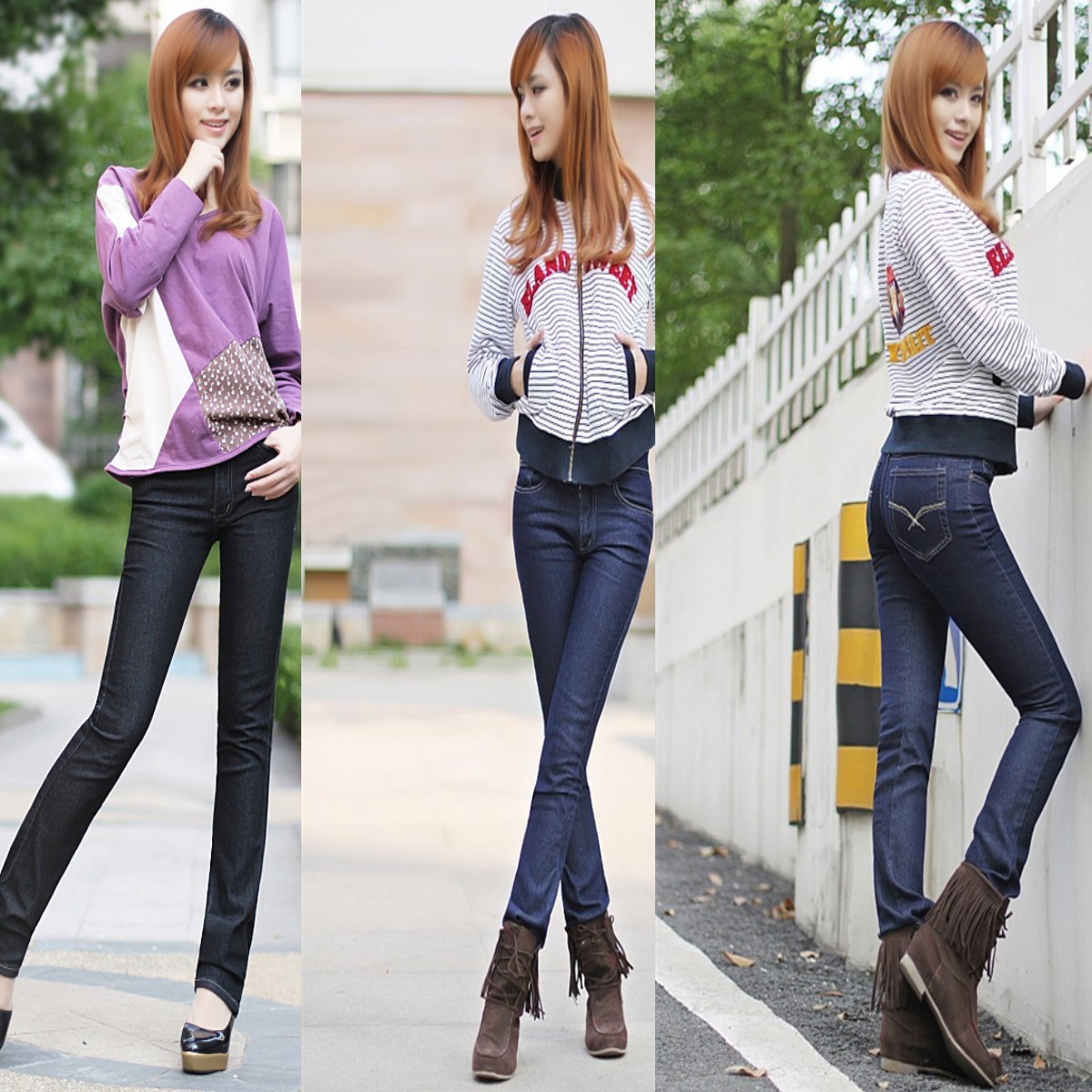 freeshipping 2 elastic small straight pants mid waist women's jeans female long trousers 9039