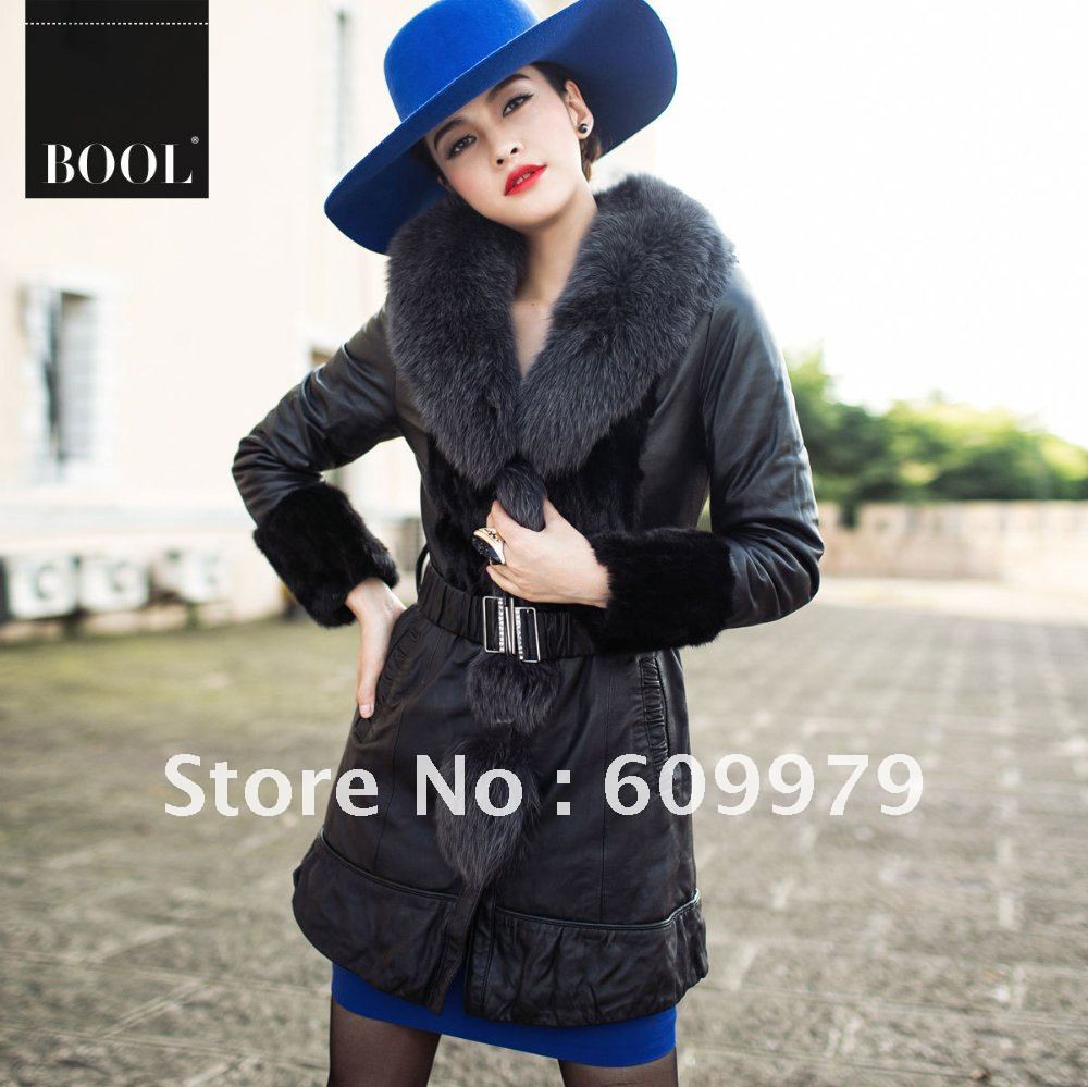 Freeshipping 20% OFF 2012 Big Fox Fur Collar Plus Size Lamb Fur Coat Women FLF0166 Size of  M, L, XL, XXL, XXXL