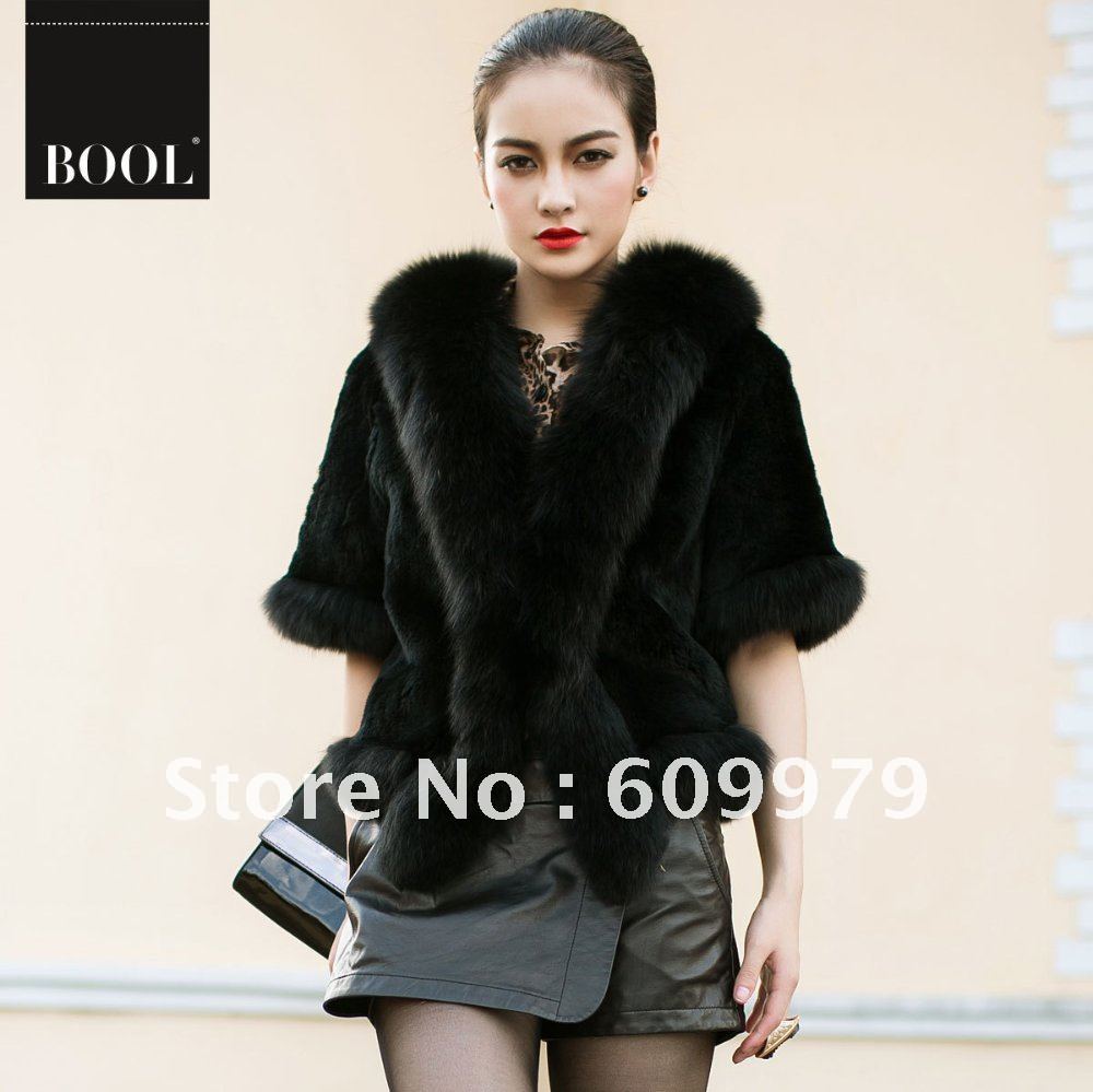 Freeshipping 20% OFF 2012 New Design Big Fox Fur Collar Plus Size Rex Rabit Coat Women FF00162 Size of  M, L, XL, XXL, XXXL