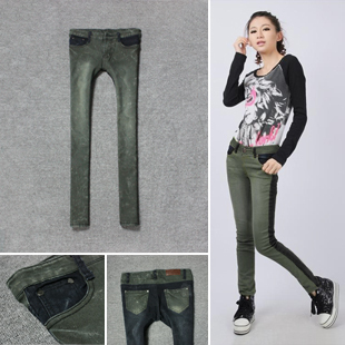 Freeshipping 2011 pencil pants personality olive patchwork black elastic skinny pants female jeans 6039