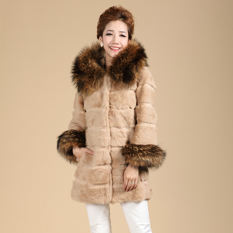 Freeshipping 2012 autumn and winter women rabbit fur coat female medium-long hooded