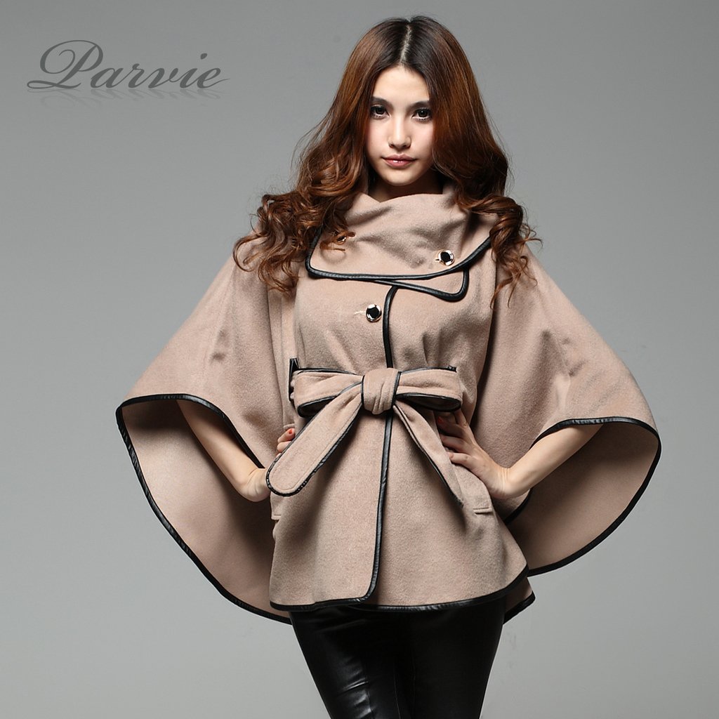 freeshipping!2012 autumn winter women's sheep trophonema wool coat outerwear cloak cape PU trench outerwear fashion coat