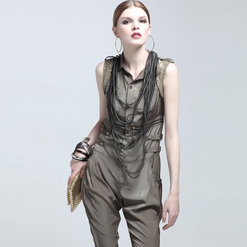 Freeshipping 2012 Fashion Women's Jumpsuit  sleeveless sequins 100%polyester cool designer armygreen ladies jumpsuit