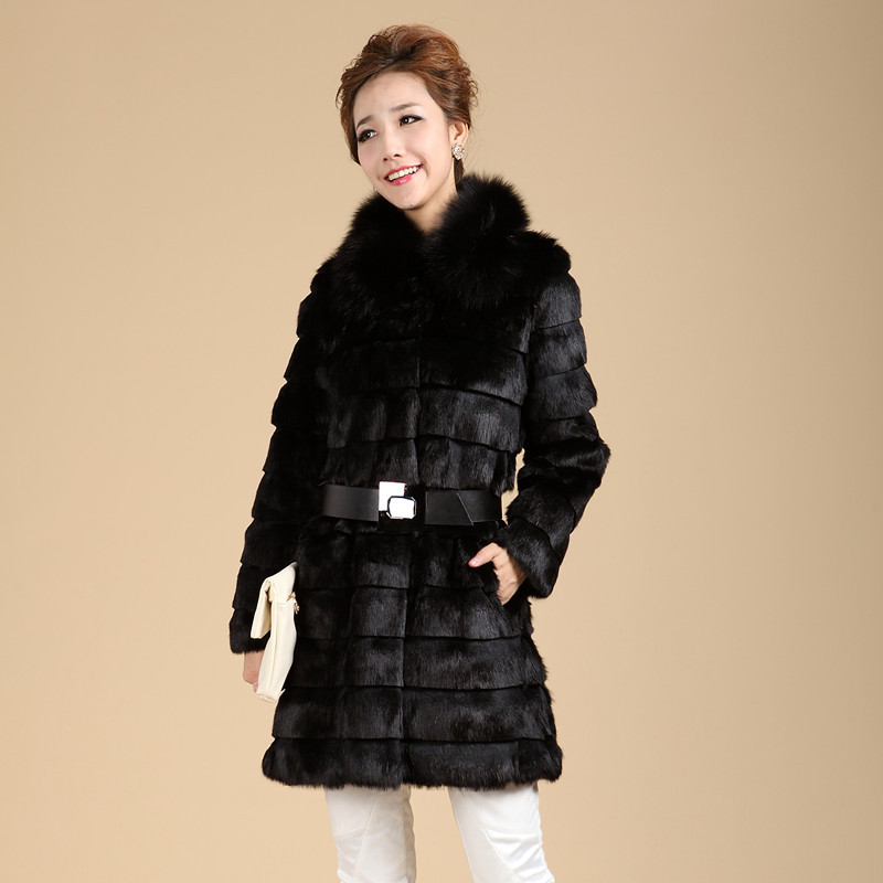 FreeShipping 2012 fox fur plus cotton rabbit fur rabbit fur coat female medium-long