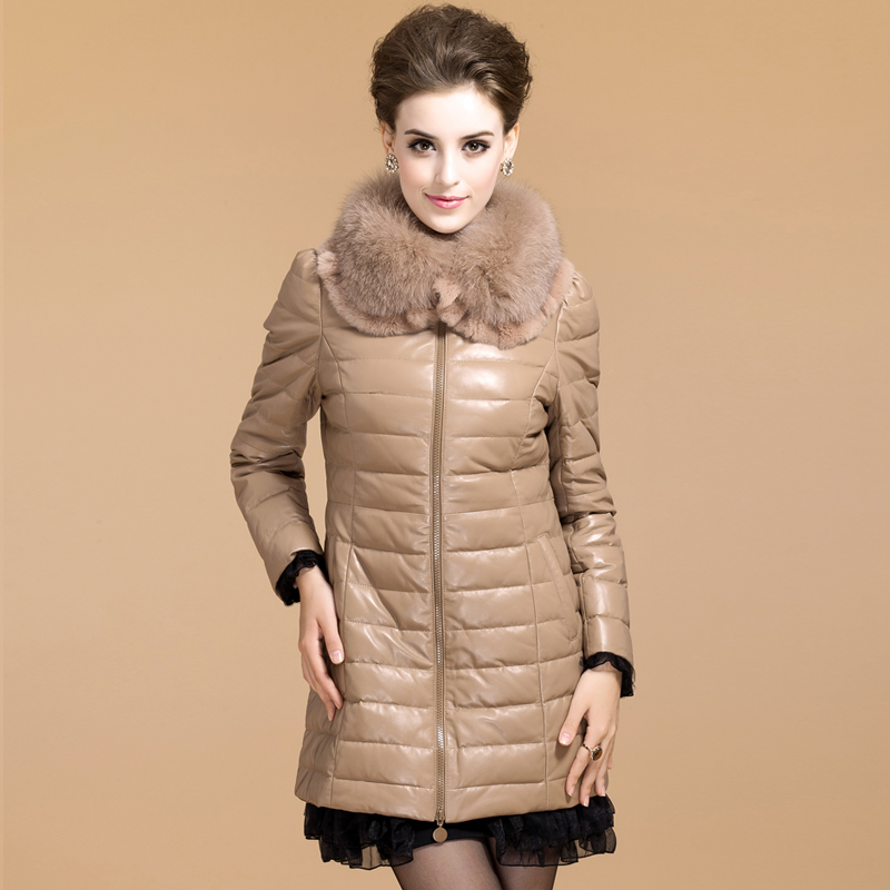 FreeShipping 2012 fox fur sheepskin genuine leather clothing female genuine leather down coat leather clothing medium-long