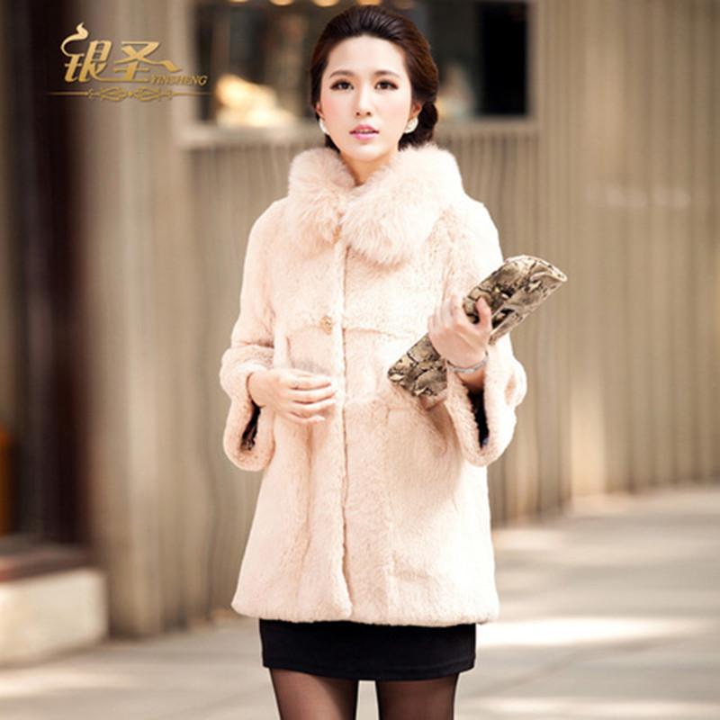 FreeShipping 2012 fox medium-long full leather rabbit trophonema fur coat female overcoat