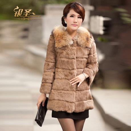 FreeShipping 2012 full leather rabbit fur coat female medium-long overcoat raccoon fur