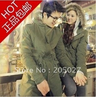 freeshipping 2012 lovers design thickening raccoon fur cotton-padded snow  winter coat wadded jacket Army Green