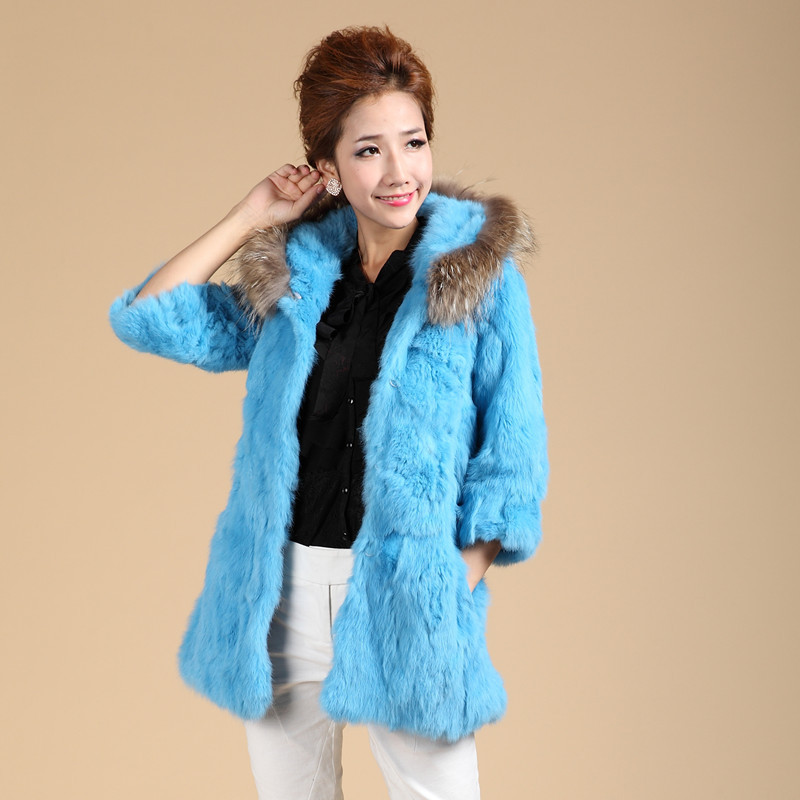 FreeShipping 2012 medium-long hooded raccoon fur rabbit fur coat autumn