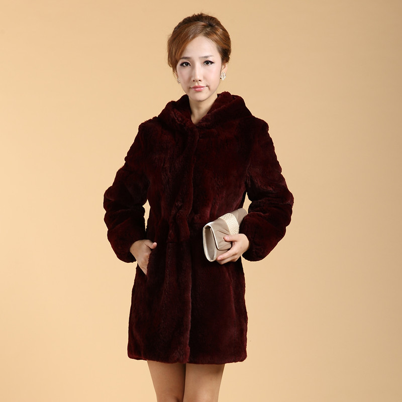 Freeshipping 2012 medium-long rex rabbit hair fur coat hooded overcoat