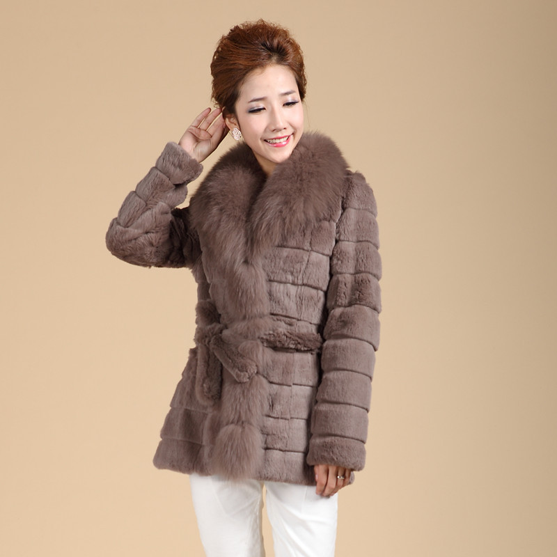 FreeShipping 2012 medium-long slit neckline fox fur rabbit fur coat