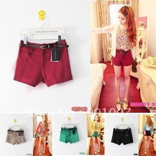 Freeshipping 2012 New Fashion candy color shorts high waist short hot pants pocket with belt LL104