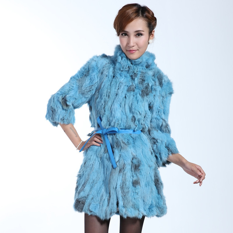 Freeshipping 2012 rabbit fur coat medium-long slim belt