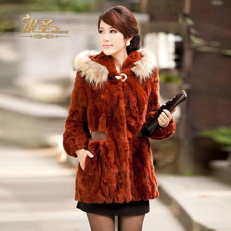 FreeShipping 2012 rex rabbit goatswool medium-long hooded raccoon fur coat female slim waist overcoat