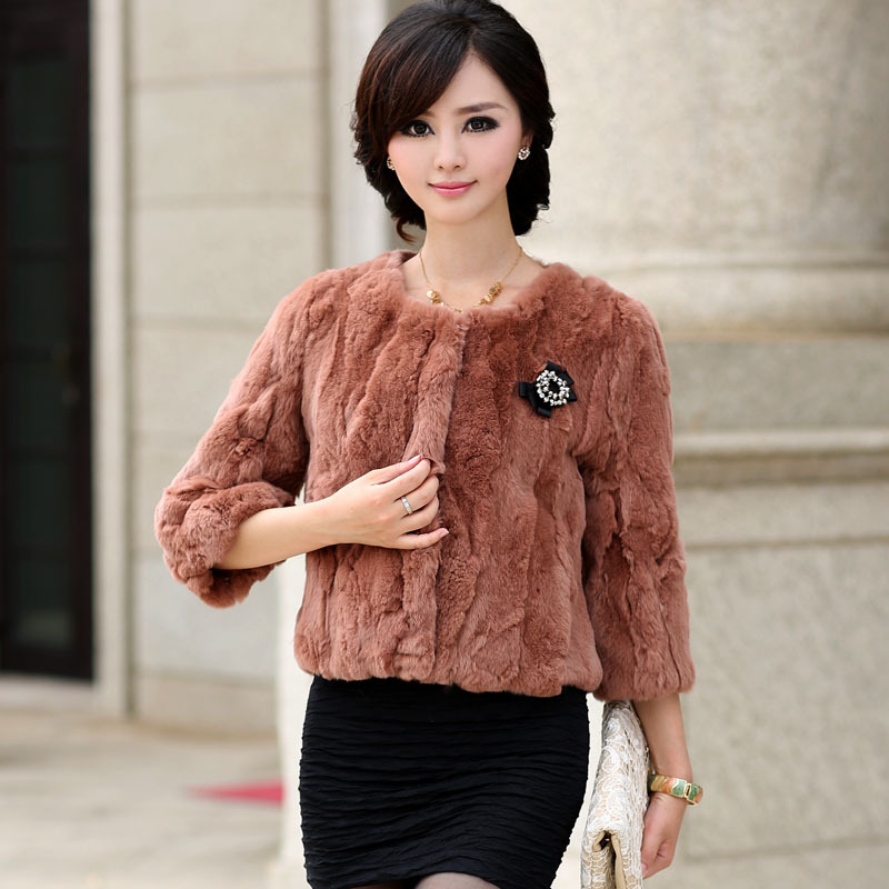 FreeShipping! 2012 rex rabbit hair fur coat Women  short design o-neck three quarter sleeve 6084