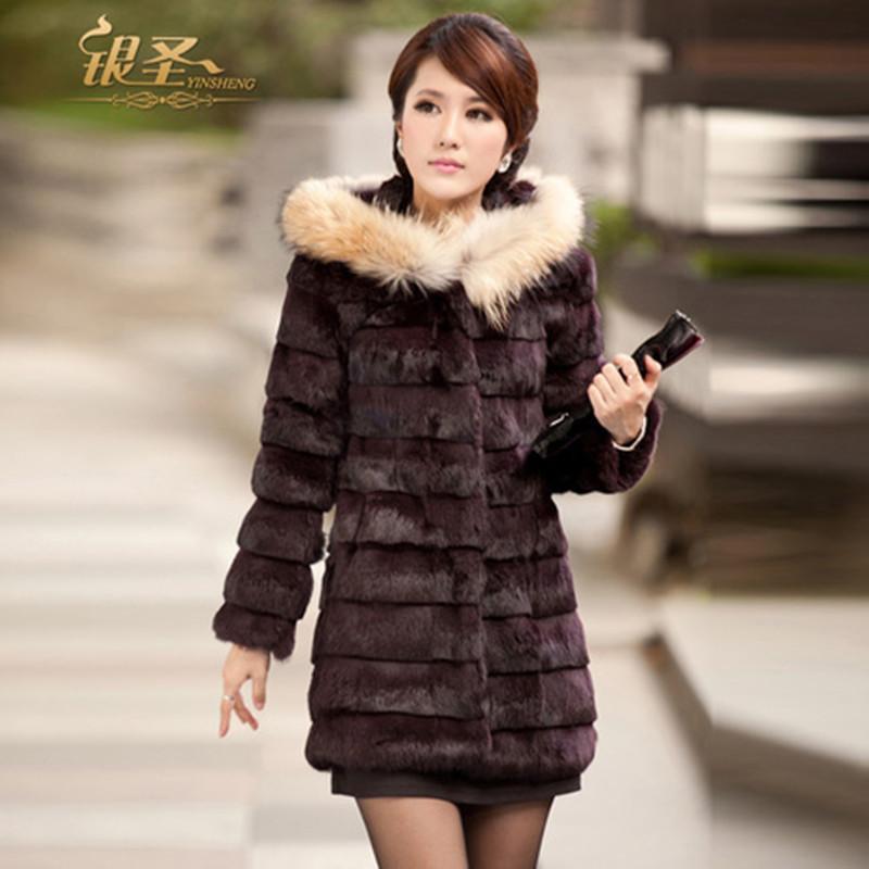 FreeShipping 2012 slim hooded raccoon fur rabbit fur coat female medium-long