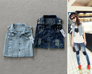 Freeshipping 2012 summer vintage beading personalized denim vest all-match casual short design vest