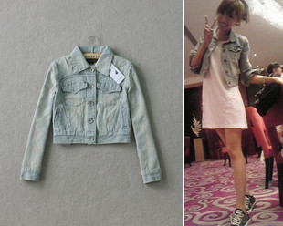 Freeshipping 2012 summer women's classic nostalgic color light blue all-match personality female denim short jacket