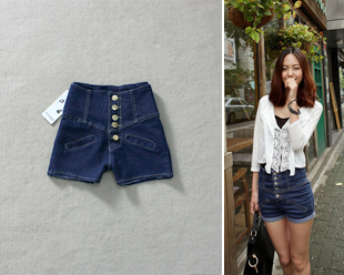 Freeshipping 2012 summer women's high waist denim shorts single breasted 5 buckle high waist shorts hot pants