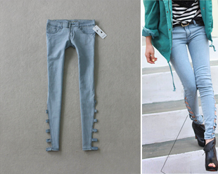 Freeshipping 2012 summer women's unique hole pencil pants light blue jeans female skinny pants