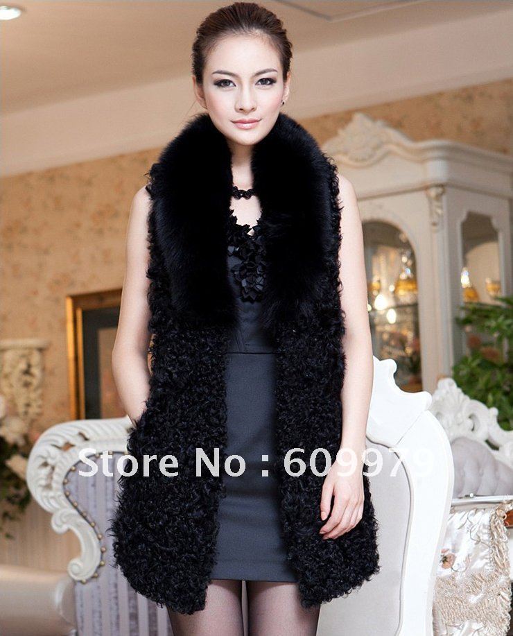 Freeshipping 2012 Unique Fashion Design Lady Lamb Fur Long Vest with Big Fox  Fur Collar FLF0142 Size of M, L, XL,XXL, XXXL