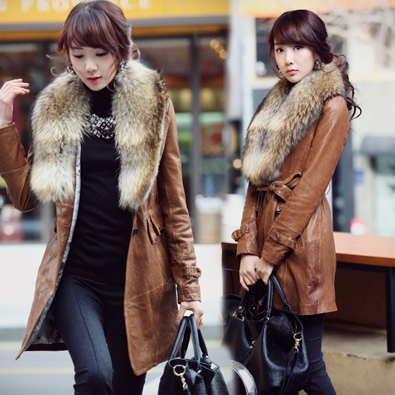 Freeshipping 2012 women's large raccoon fur slim plus cotton thermal long design leather clothing trench